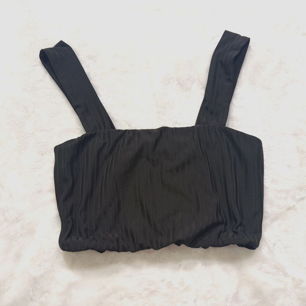 HYEVE Womens Black Square Neck Ruched Wide Strap Cropped Top Polyester - S